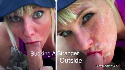 Smygande fru fångade en främling som onanerade i parken och suger sedan hans kuk: sperma i ansiktet med sperma på gatan.